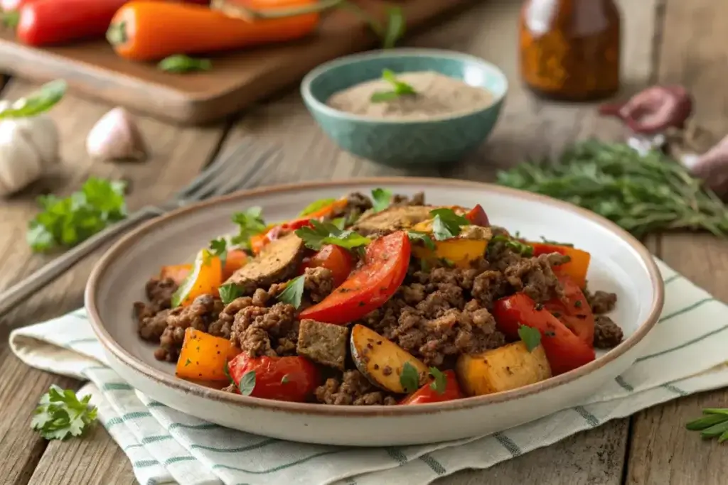 Healthy ground beef dish served with roasted vegetables and herbs