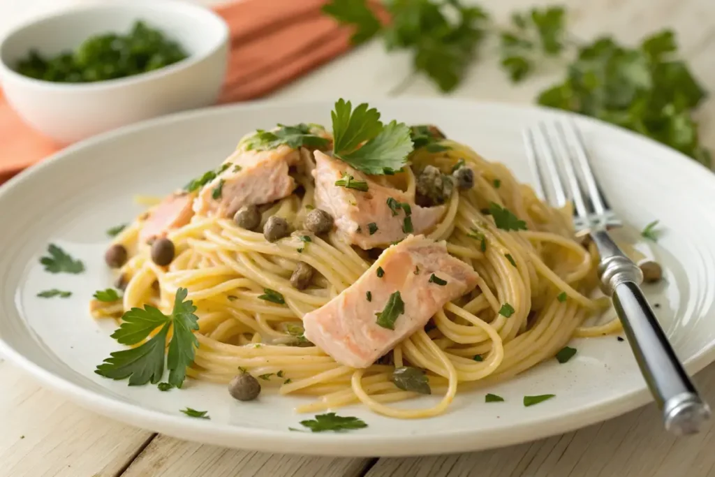 Salmon pasta dish with spaghetti, capers, and parsley