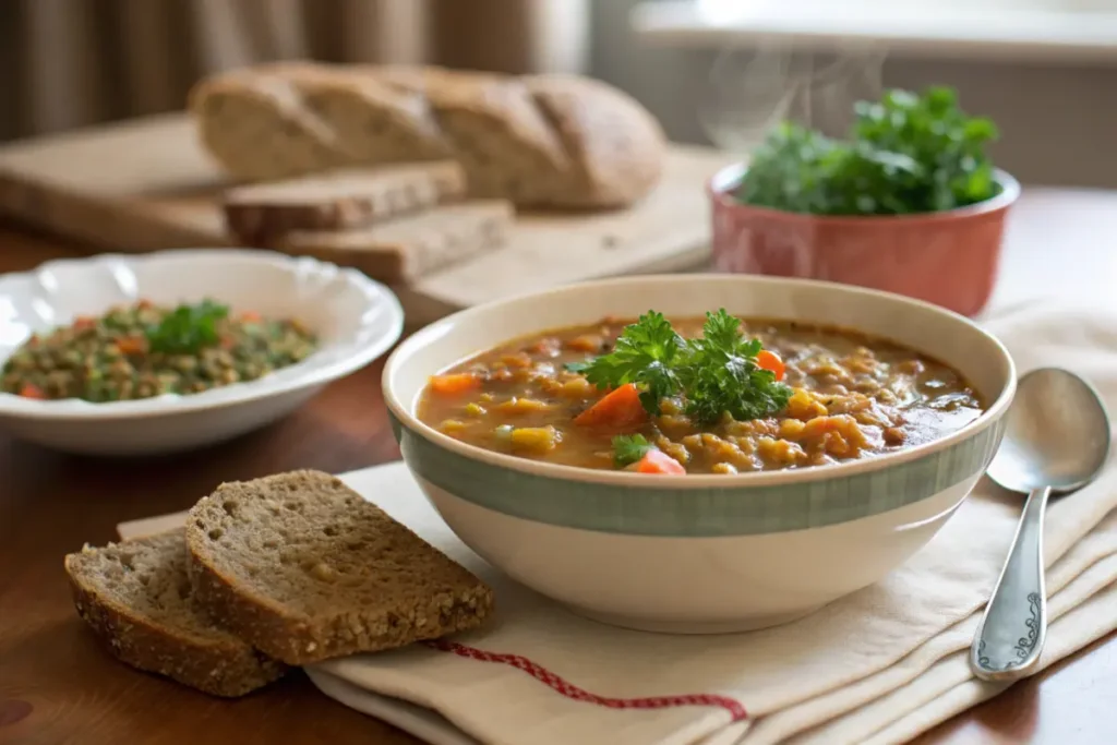 Vegetable lentil soup with whole-grain bread