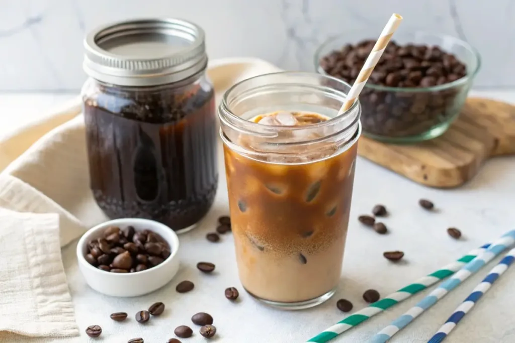 Homemade cold brew coffee with almond milk and coffee beans