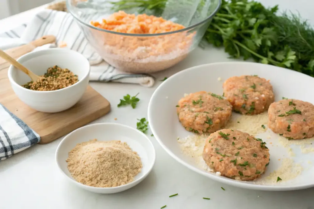 Ingredients for salmon patties in a bowl on a kitchen counter