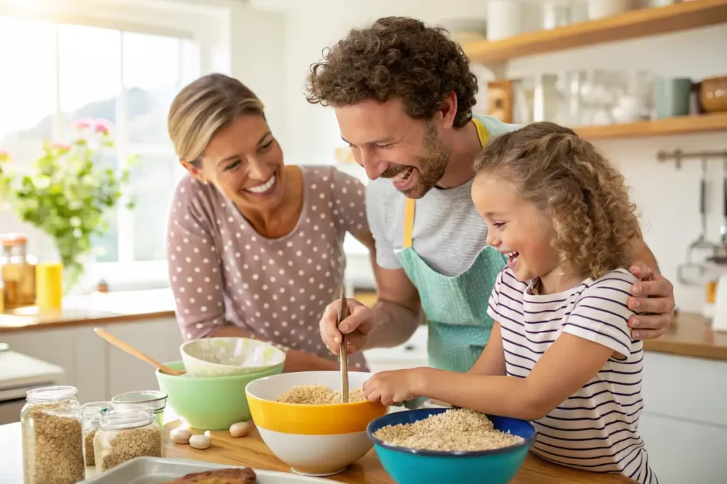 Parent and preschooler preparing grains together in a colorful kitchen setting