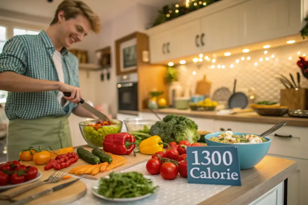 A person chopping vegetables for a 1300 calorie meal plan