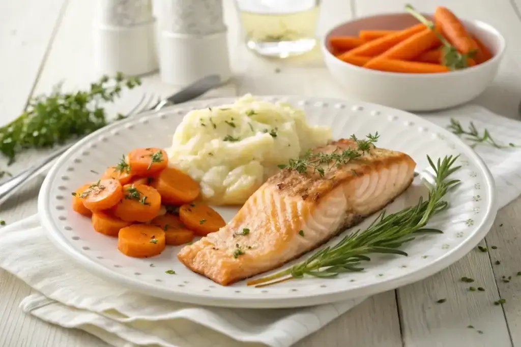 Balanced meal for ulcerative colitis featuring salmon, mashed potatoes, and steamed carrots