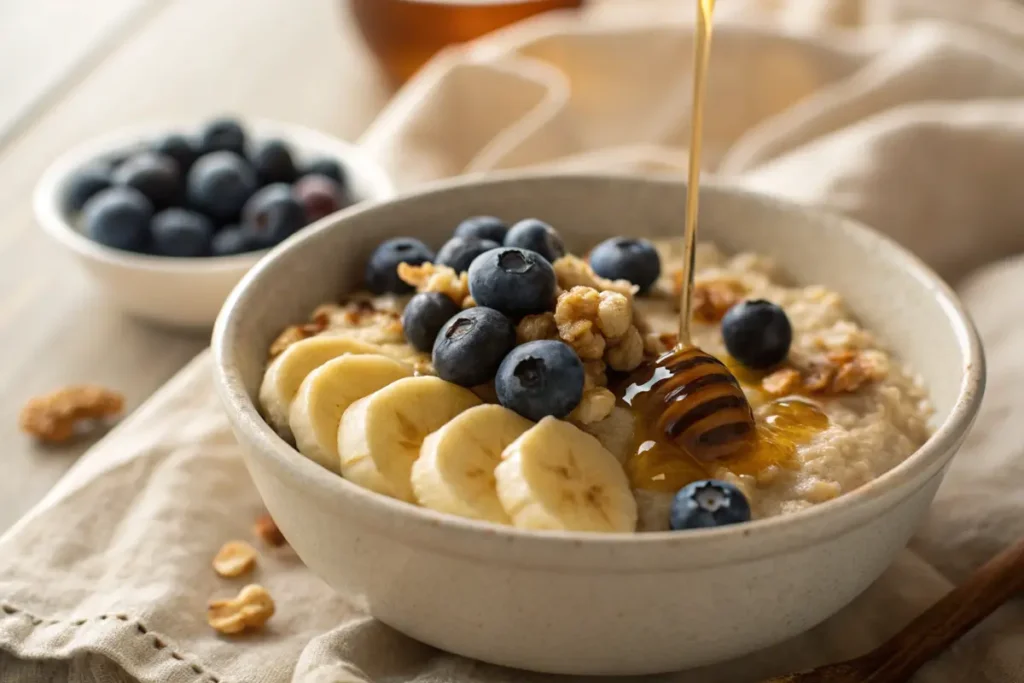 Oatmeal with blueberries, honey, and bananas for an ulcer-friendly breakfast