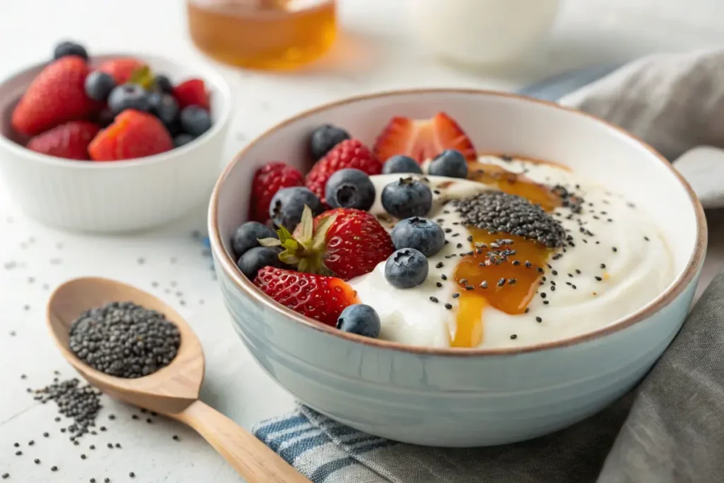 A Greek yogurt bowl topped with berries, chia seeds, and honey.