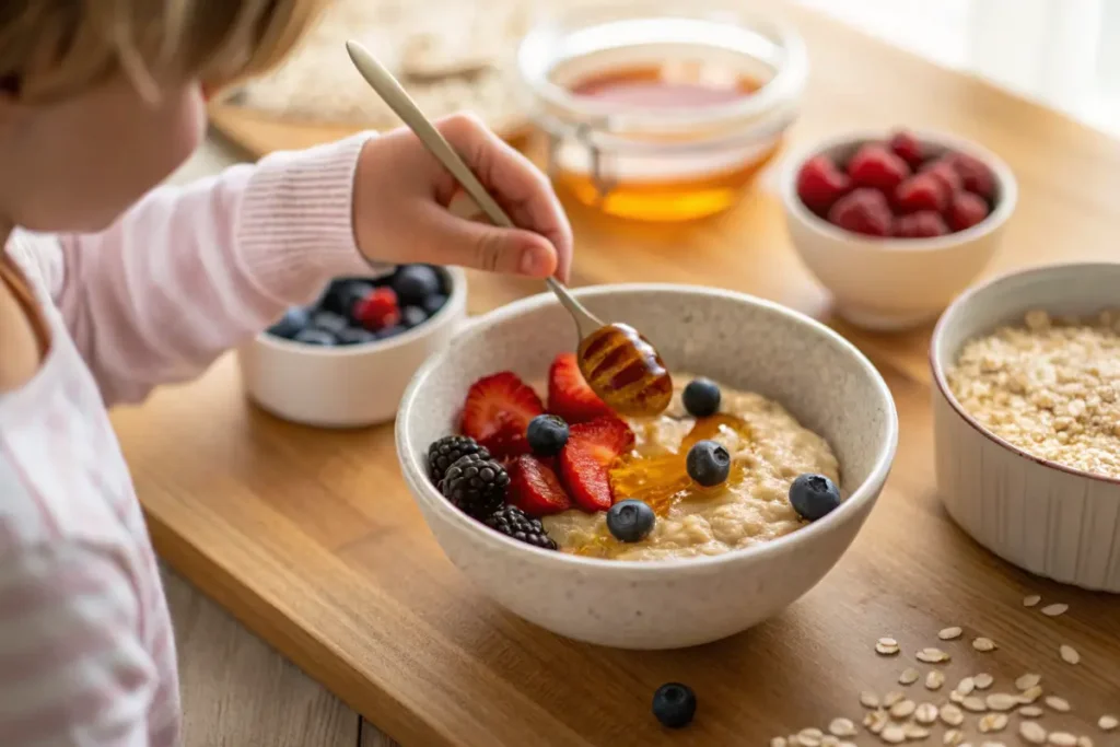 Preschooler arranging toppings on oatmeal with other grains in the background