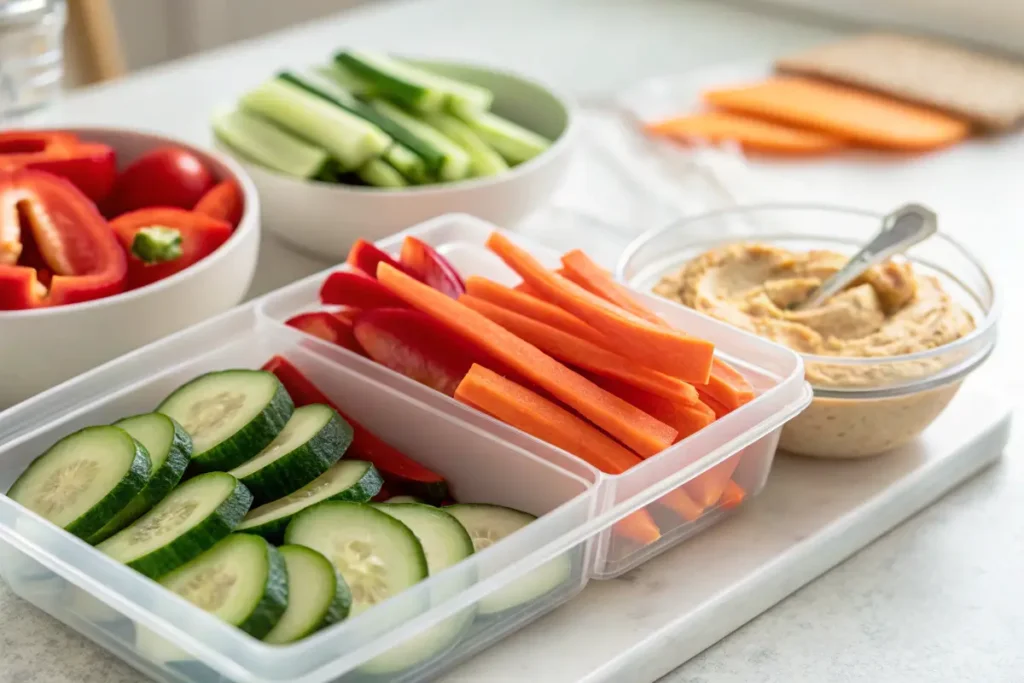 Meal prep containers with sliced veggies and hummus for a healthy, cheap snack