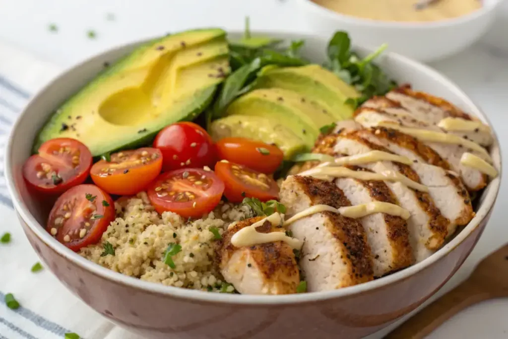 Chicken quinoa power bowl with avocado and tomatoes