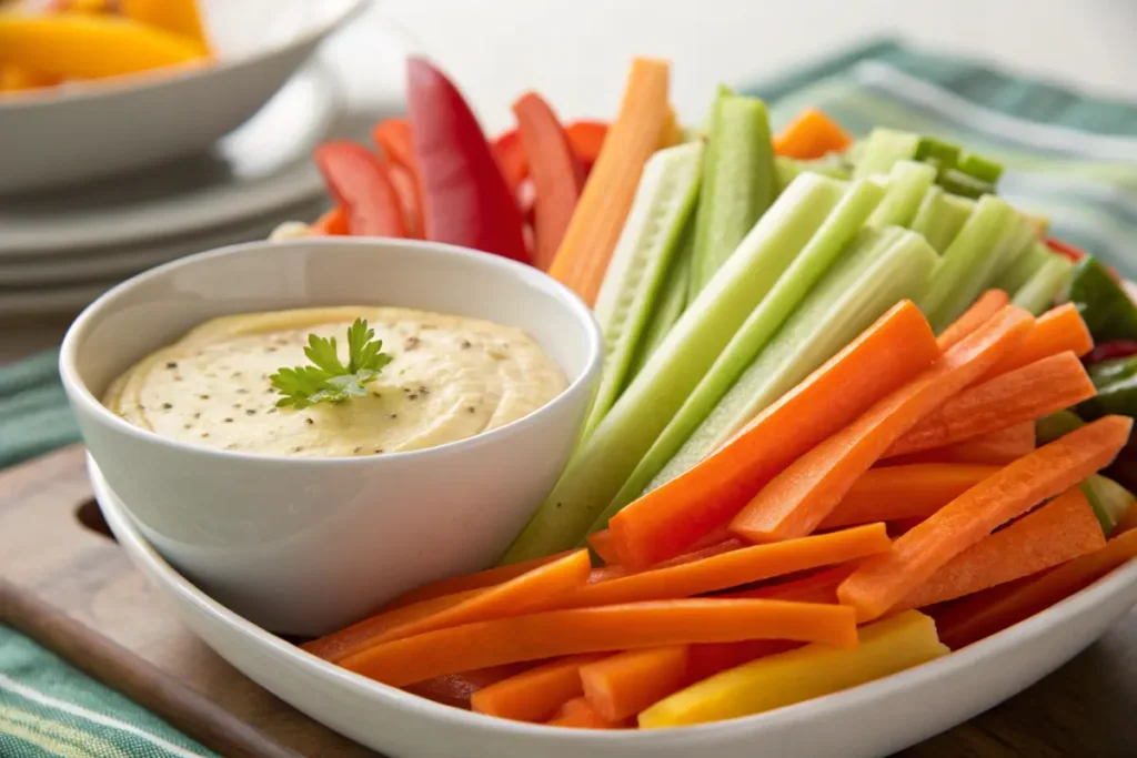 Freshly chopped vegetables with low-calorie dip