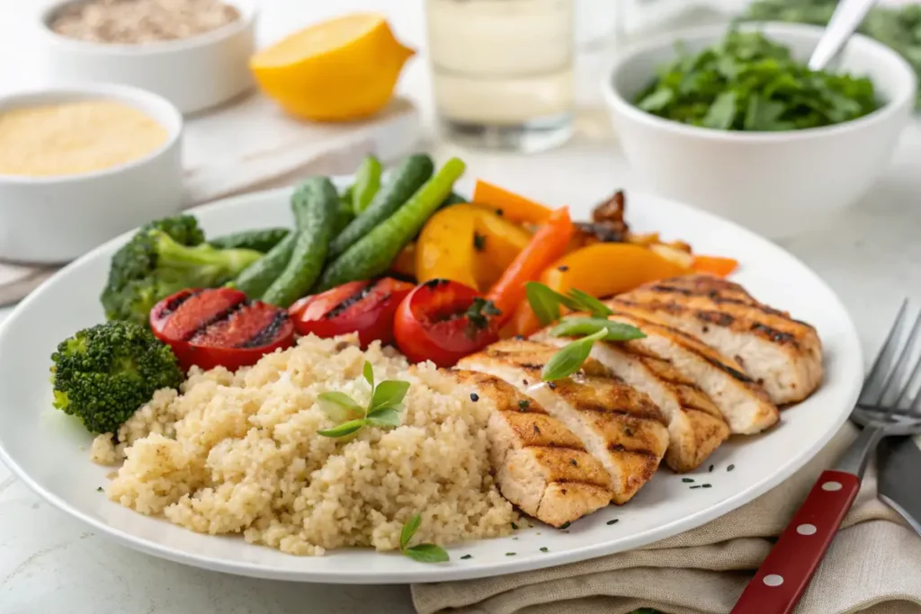 A plate of grilled chicken, quinoa, and steamed vegetables as a healthy alternative to fattening foods