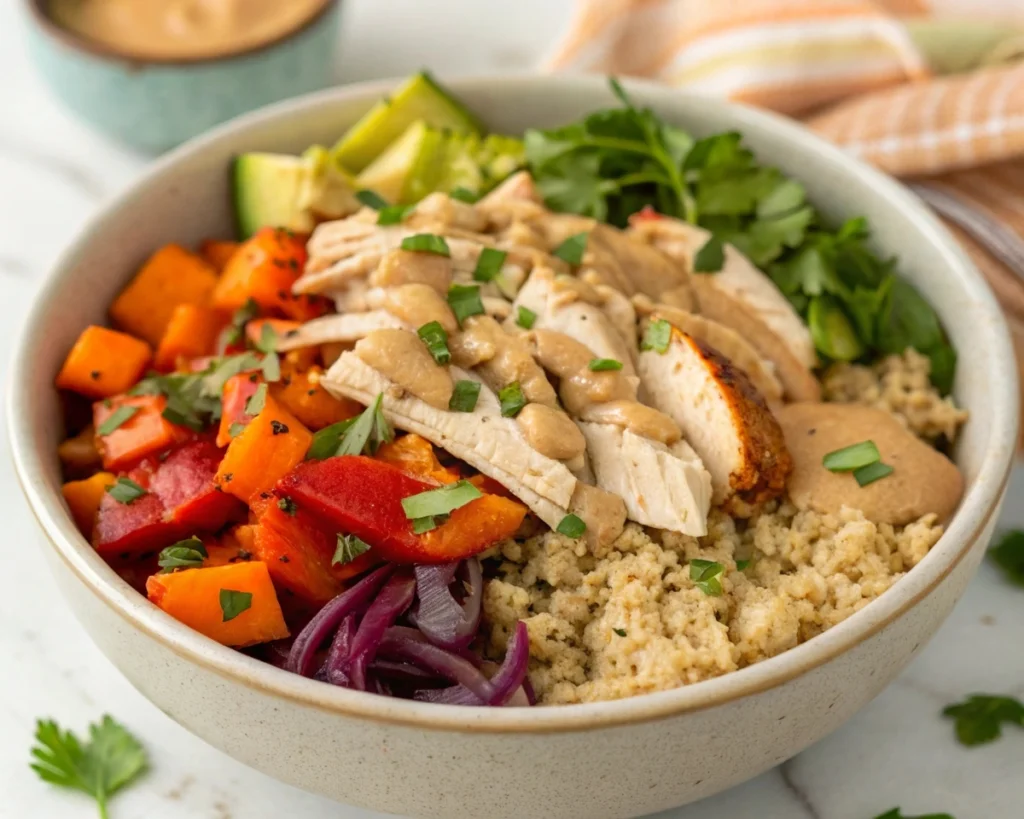 Protein bowl with shredded chicken, quinoa, and roasted vegetables