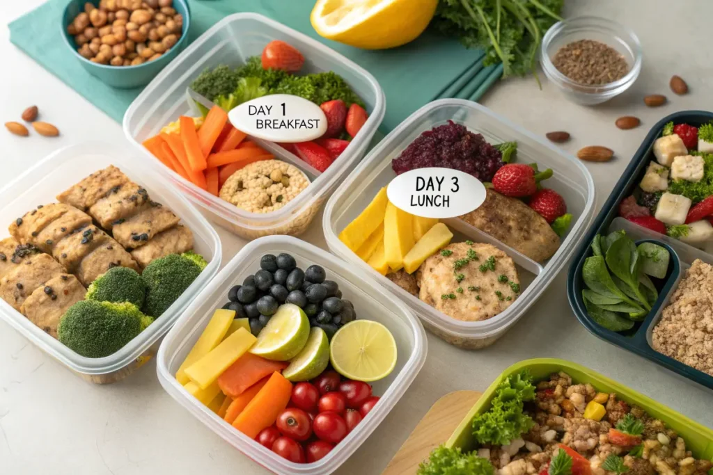 Meal prep containers for a 7-day 1300 calorie meal plan