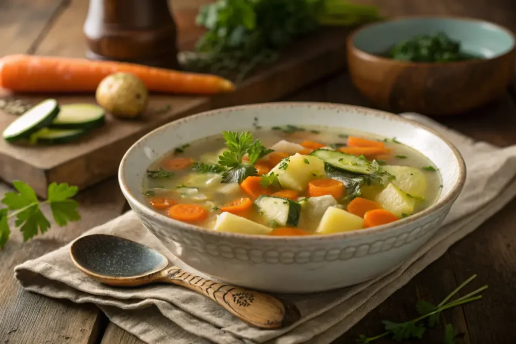 A bowl of homemade vegetable soup with gentle ingredients for ulcerative colitis