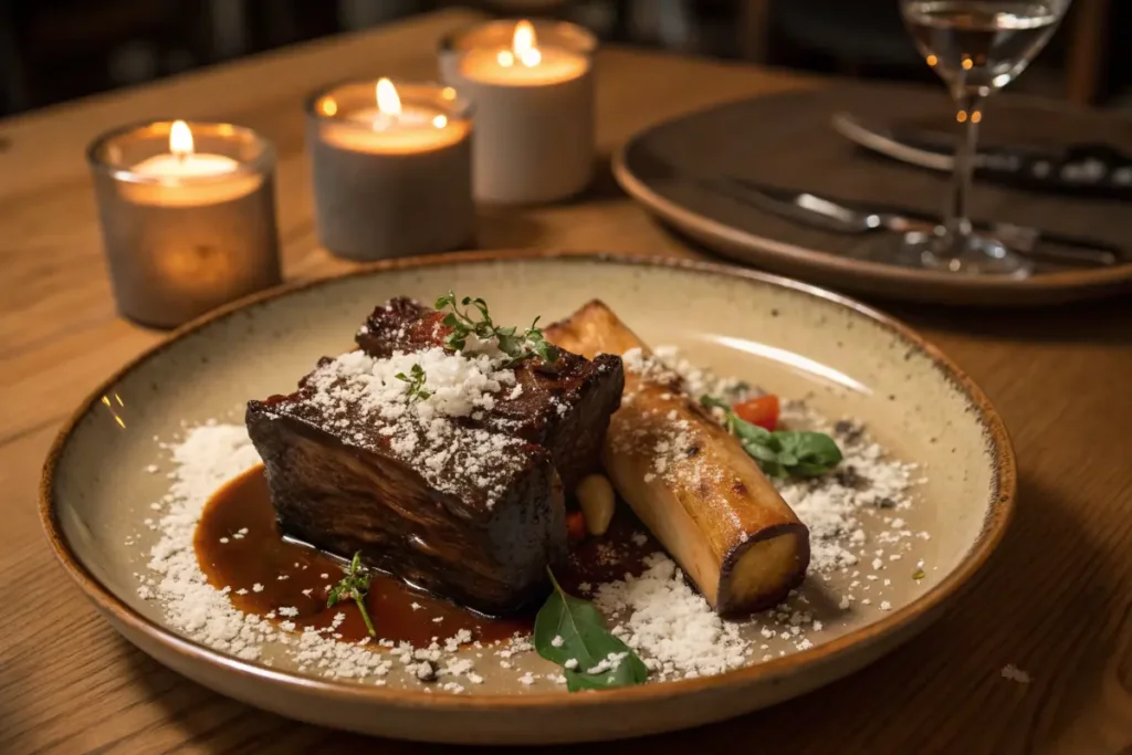 Slow-cooked short ribs with beef bone marrow for a carnivore diet