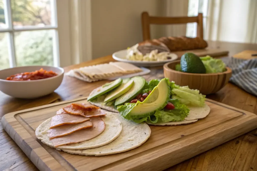 Ingredients for a UC-friendly turkey and avocado wrap