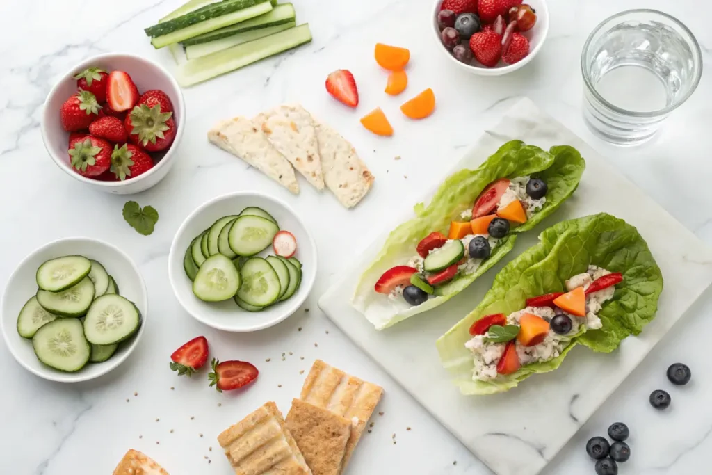 Flat-lay of 0 calorie snacks including lettuce wraps and cucumber salad