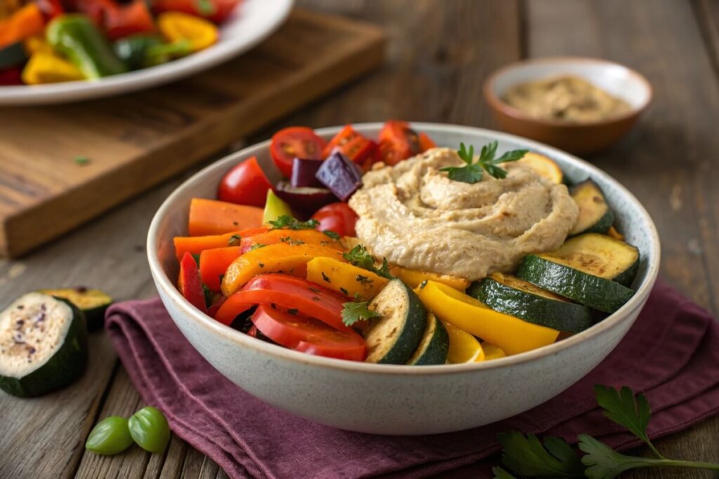 Hummus used as a topping for roasted vegetable bowl