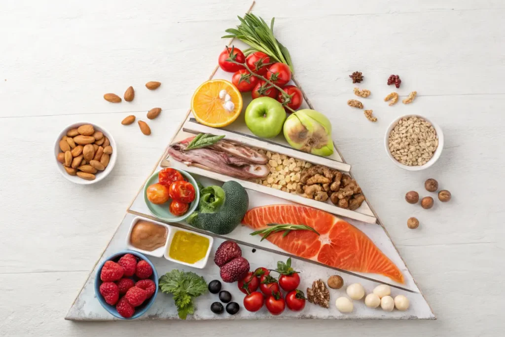 Mediterranean diet food pyramid with fresh produce and healthy fats