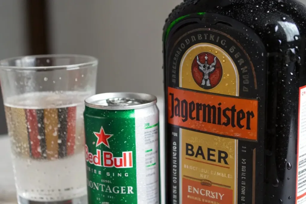  Jäger Bomb ingredients arranged with a bottle of Jägermeister and a can of energy drink