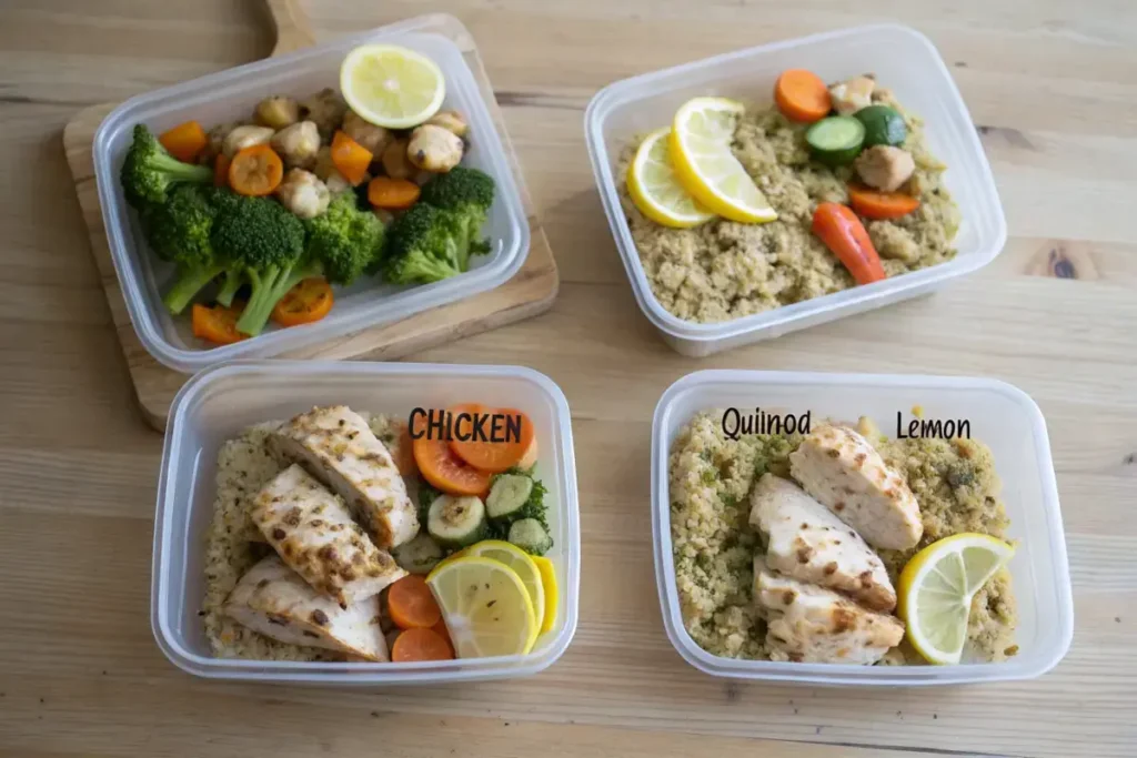 Meal-prepped chicken with vegetables and quinoa