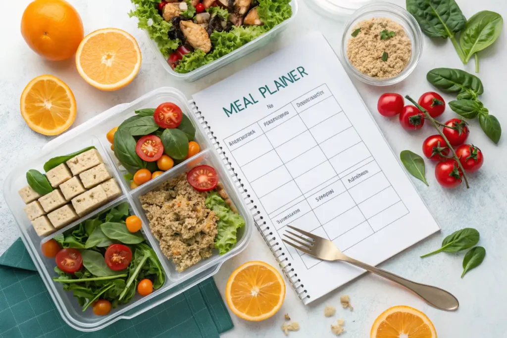 Weekly meal planner with prepped meals and fresh ingredients