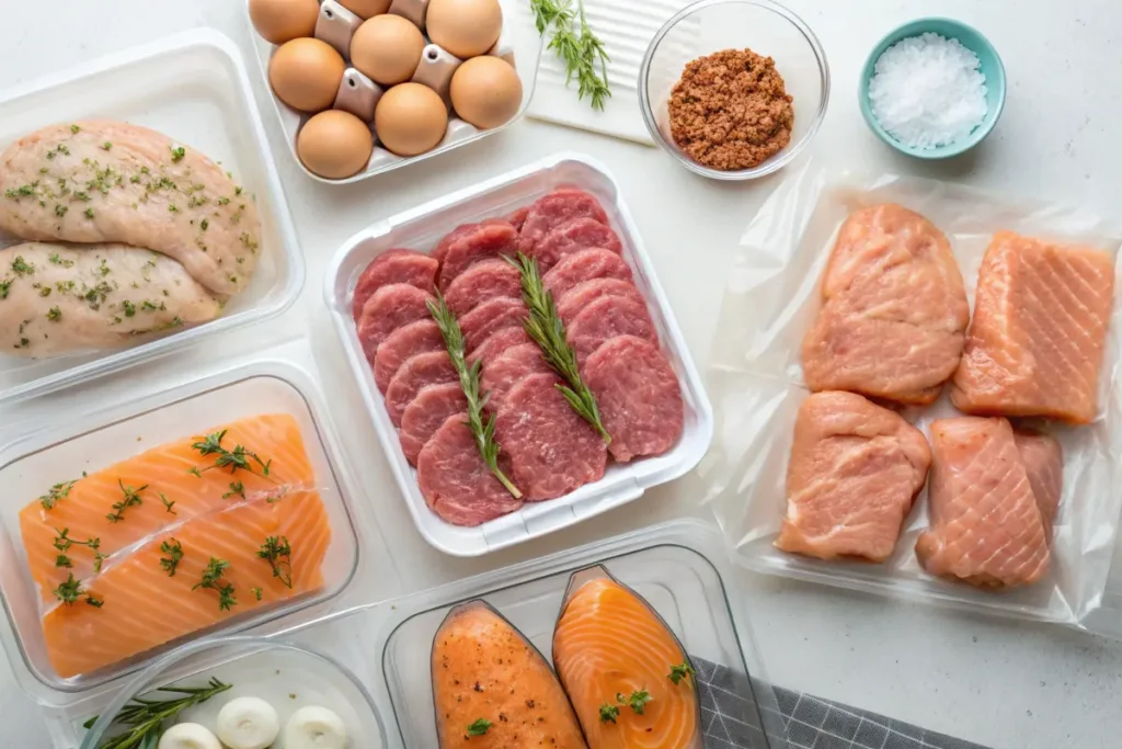 Carnivore diet meal prep featuring chicken, beef, salmon, and eggs