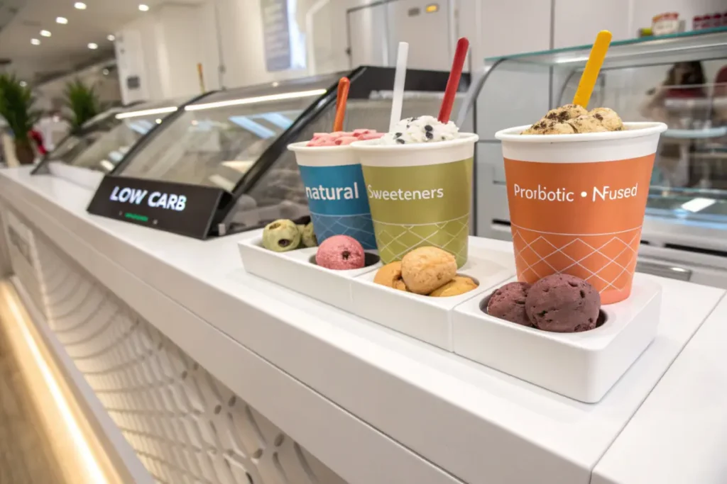 Assortment of innovative diabetic-friendly ice creams on a modern counter