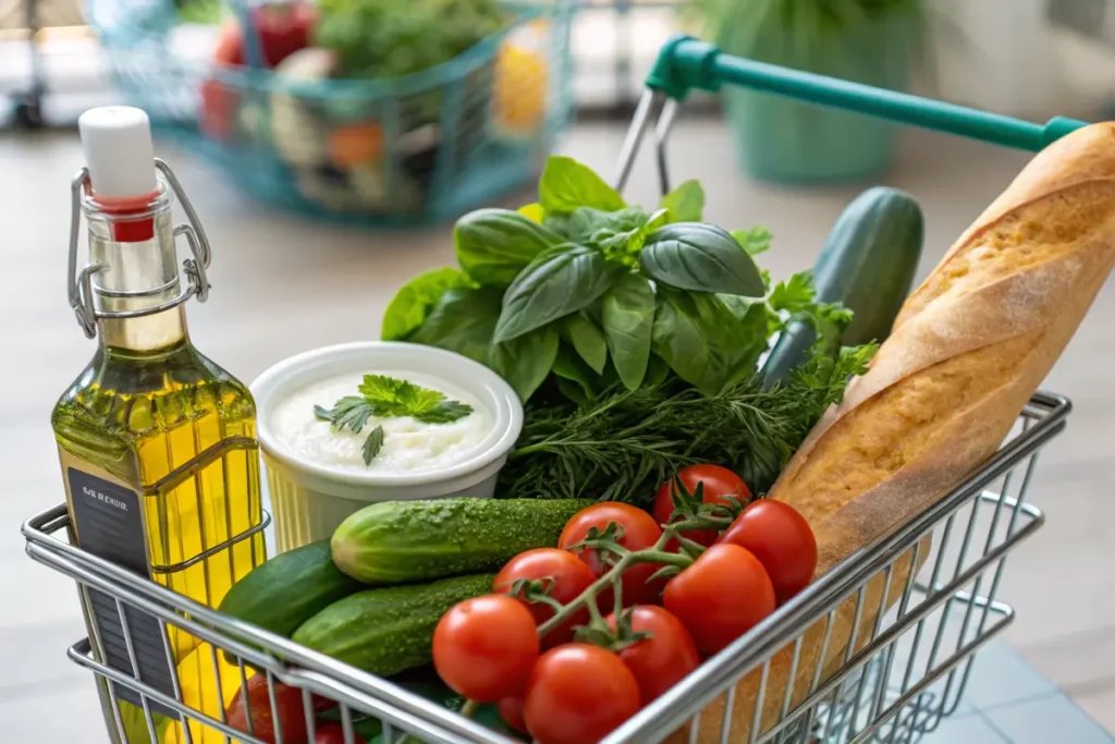 A grocery basket filled with Mediterranean diet staples like olive oil and fresh produce.