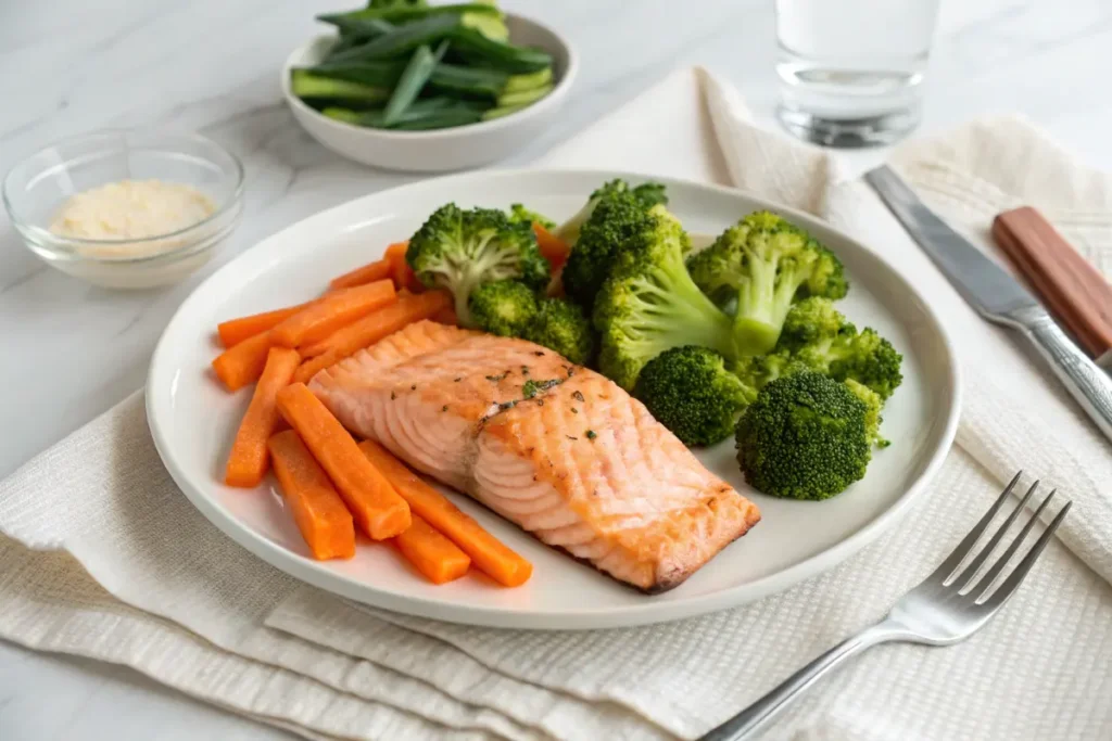 Baked salmon with steamed broccoli and carrots – a soothing dinner for ulcers