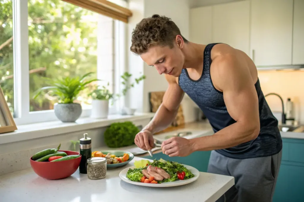 Athlete preparing a balanced meal with protein, carbs, and vegetables