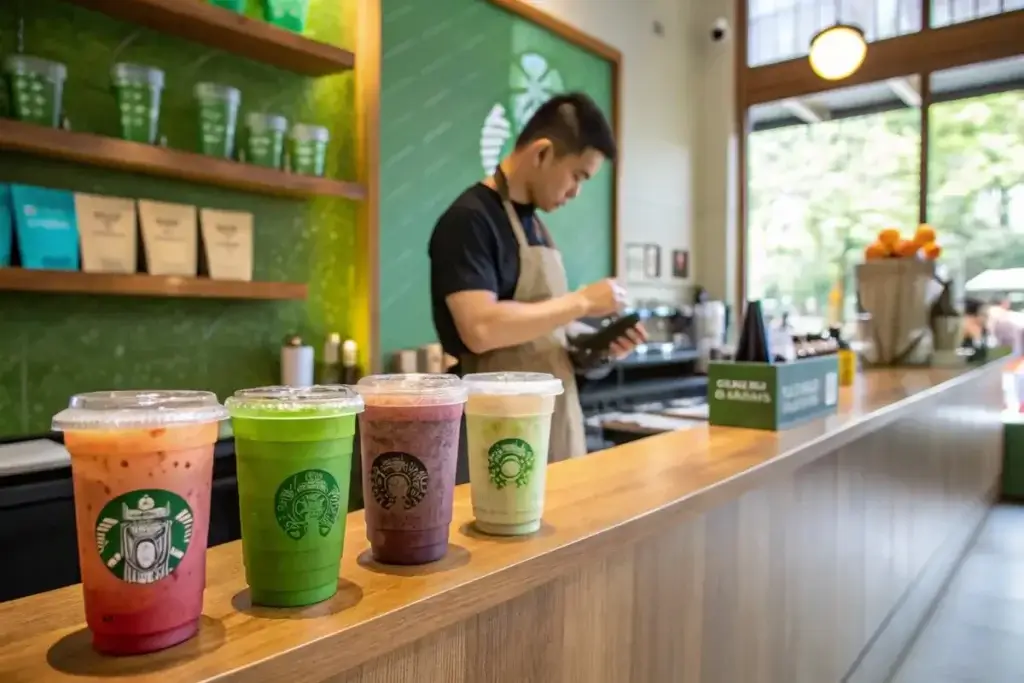 Barista preparing healthy Starbucks drinks at a café counter