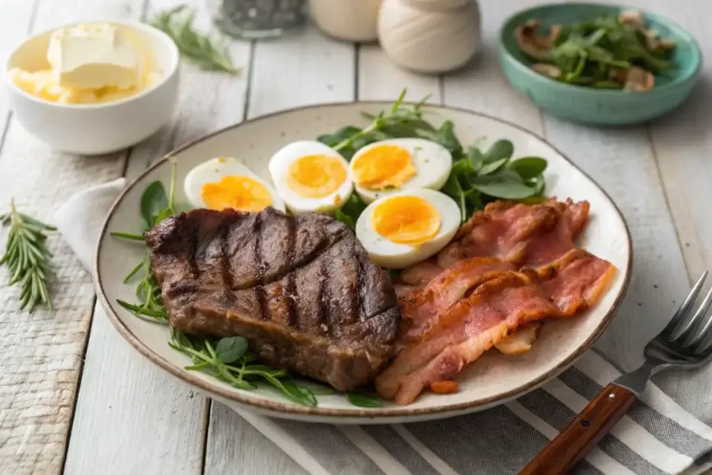 Carnivore diet meal featuring ribeye steak, bacon, and eggs