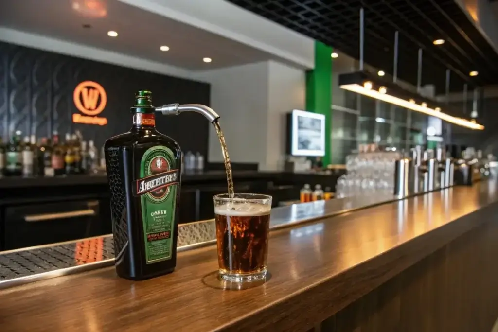 Classic Jäger Bomb being prepared on a wooden bar counter