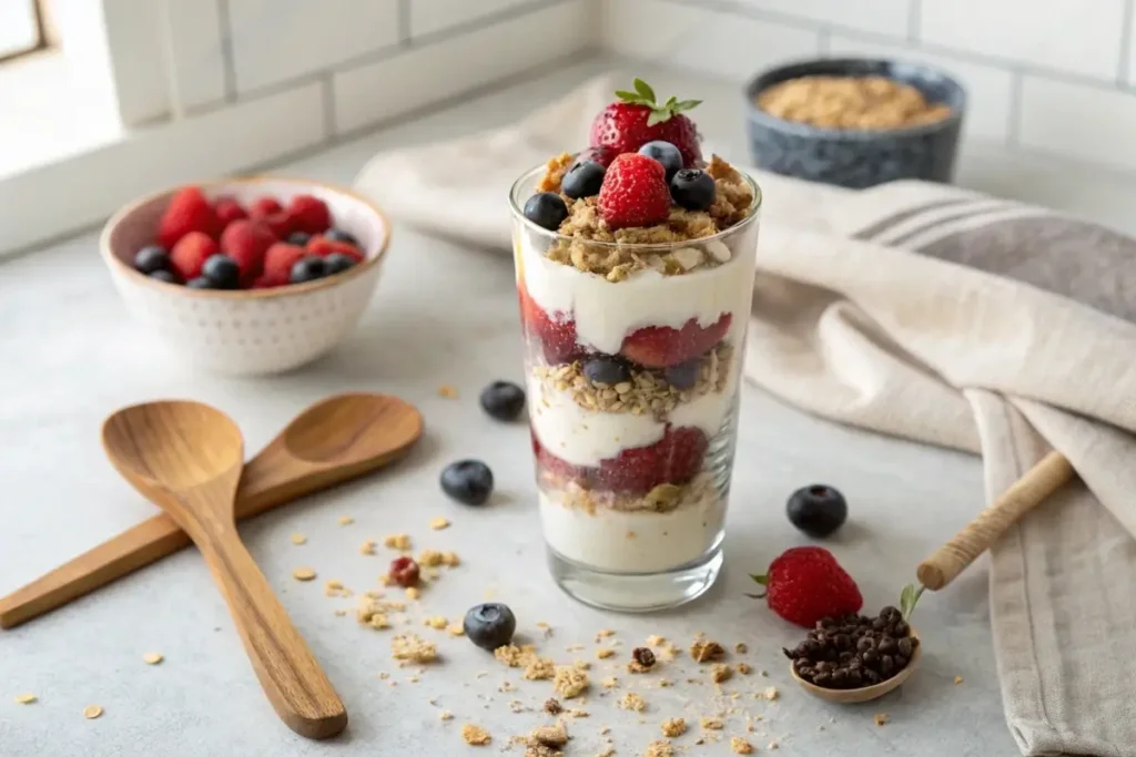 Healthy ice cream parfait with granola and fresh berries.