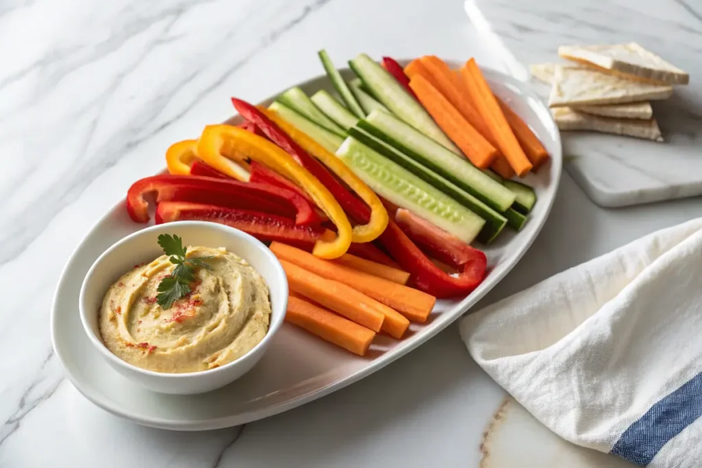  Vegetable sticks served with a bowl of hummus