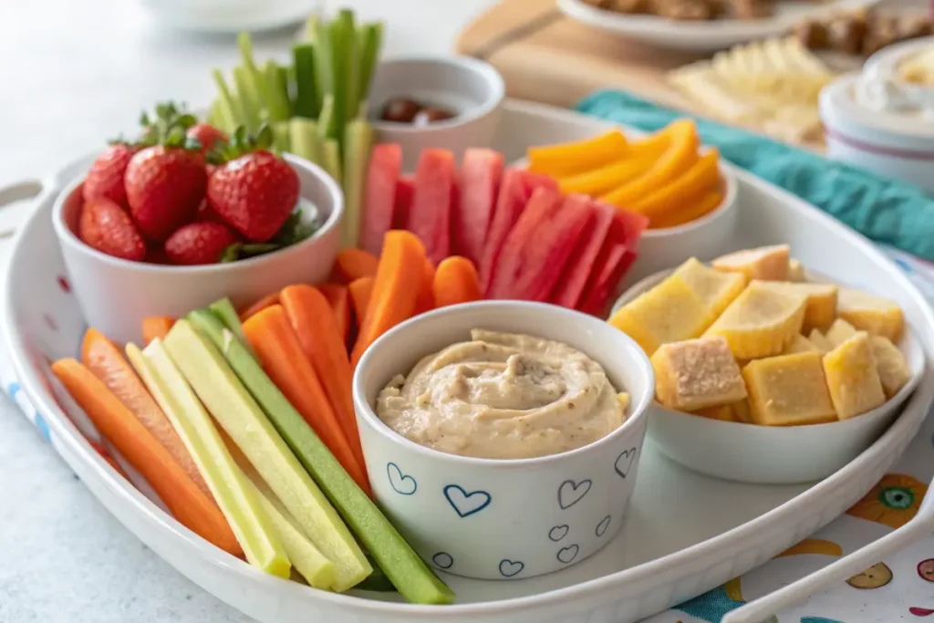 A platter of healthy snacks with dips for kids