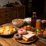 A colorful array of foods that trigger hunger, including donuts and chips.