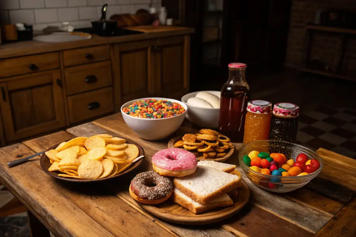 A colorful array of foods that trigger hunger, including donuts and chips.