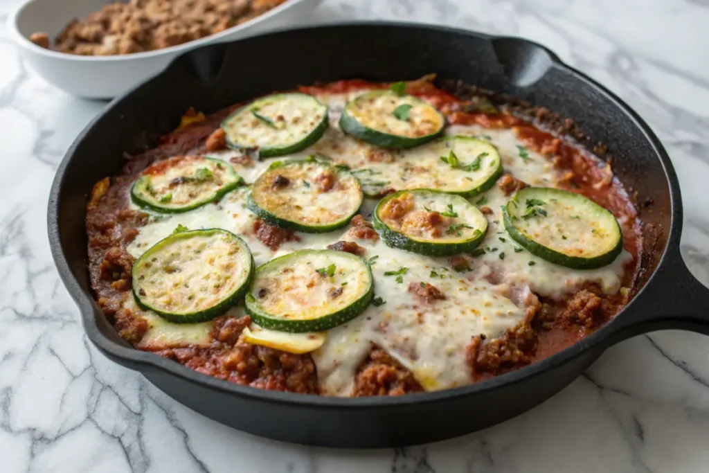 Keto ground beef casserole with zucchini and cheese