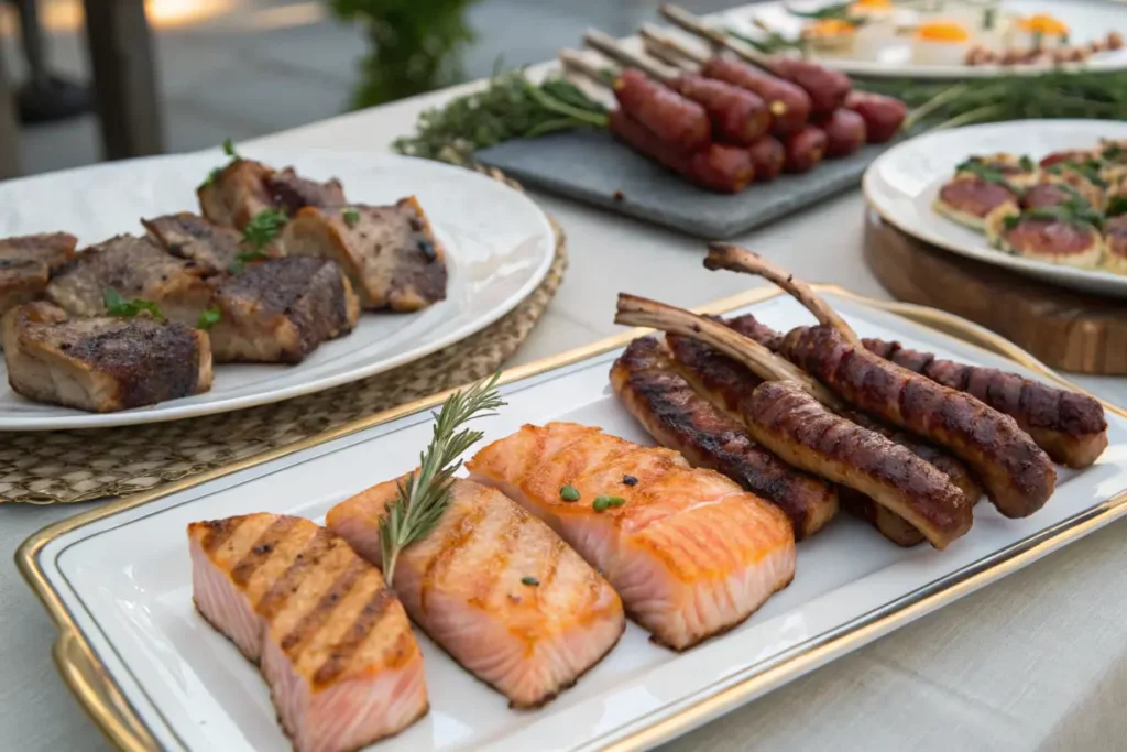  Table Spread with Lamb Chops, Salmon, and Bacon-Wrapped Sausages