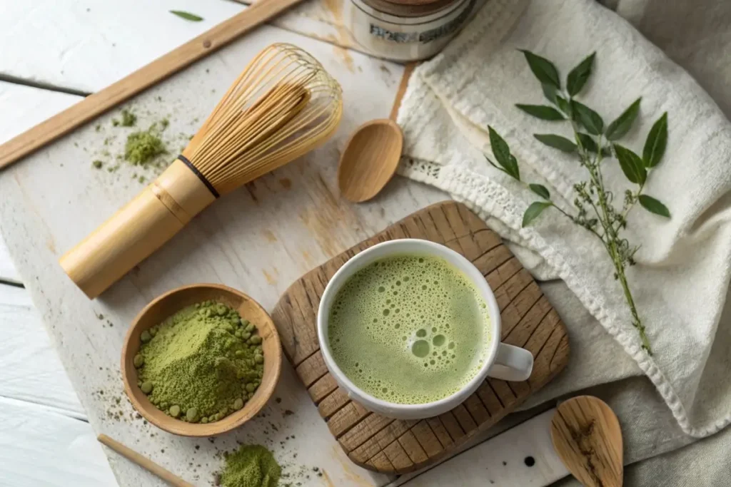 DIY matcha latte made with oat milk, bamboo whisk, and matcha powder.