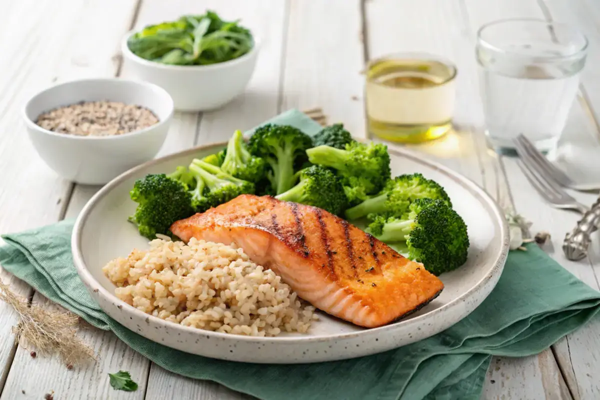 Balanced gastritis-friendly meal with salmon, broccoli, and brown rice