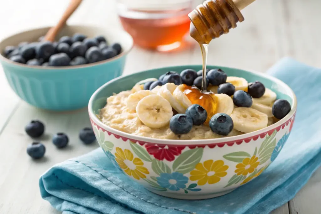 Oatmeal with bananas, blueberries, and honey