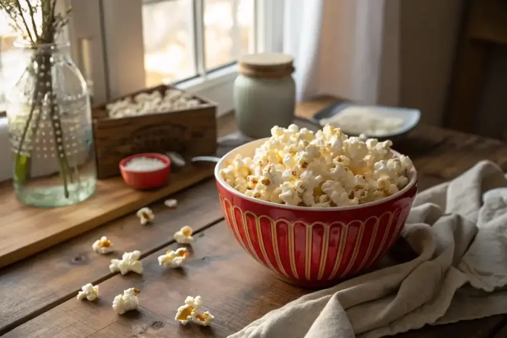 Plain air-popped popcorn in a bowl