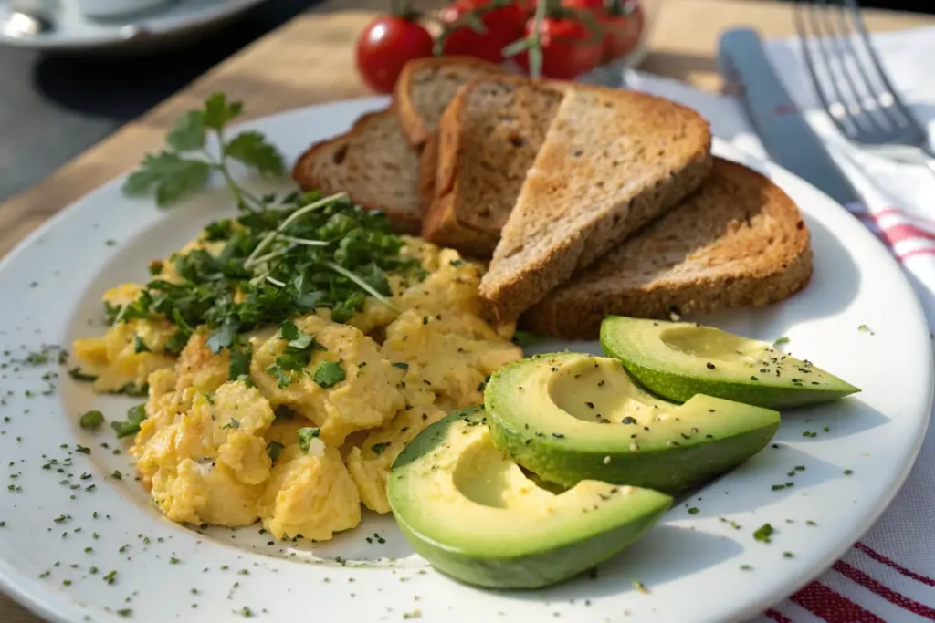 A balanced breakfast with eggs, avocado, and whole-grain toast