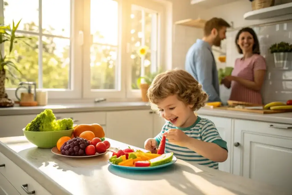 Preschooler enjoying a colorful plate of fruits and vegetables