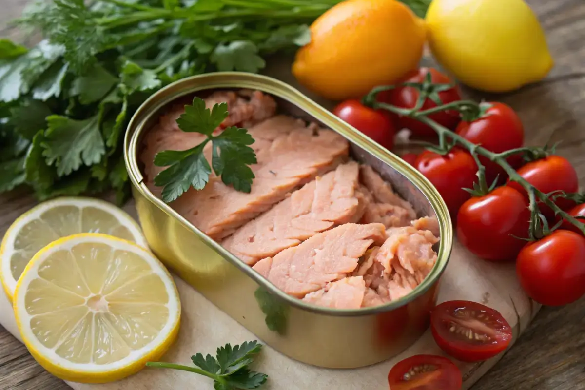 Open can of salmon with fresh vegetables on a rustic table