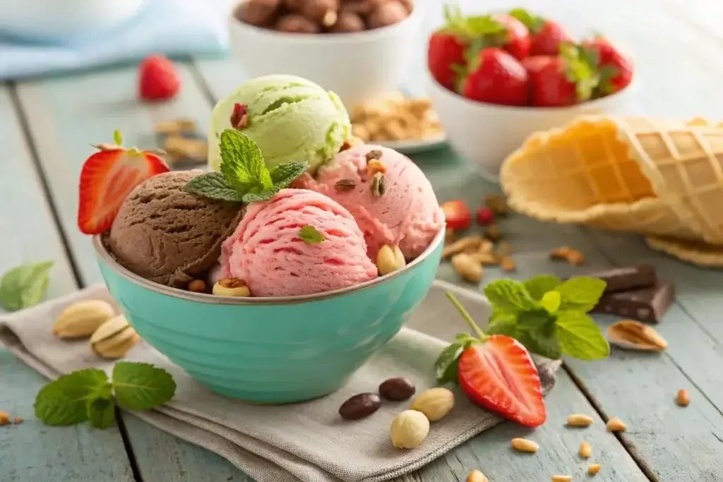 Bowl of colorful healthy ice cream garnished with fruits and nuts