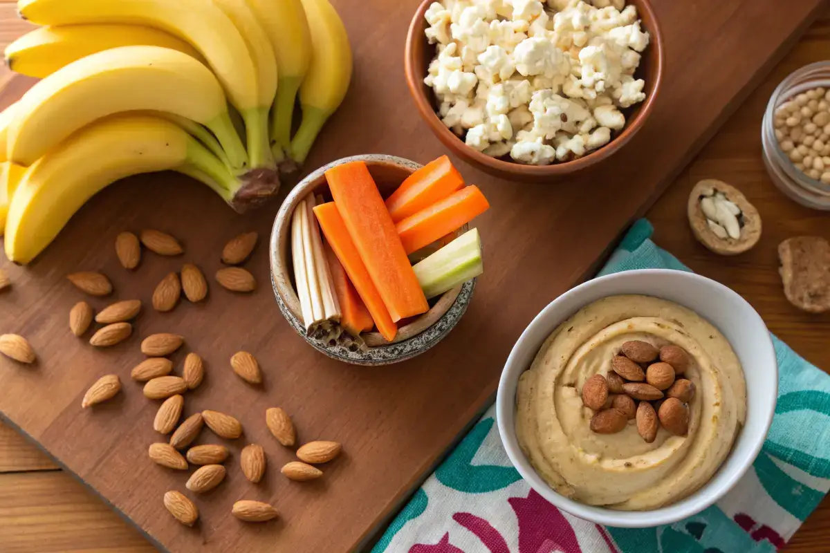 A variety of affordable and healthy snacks including bananas, carrots, hummus, popcorn, and almonds on a wooden table